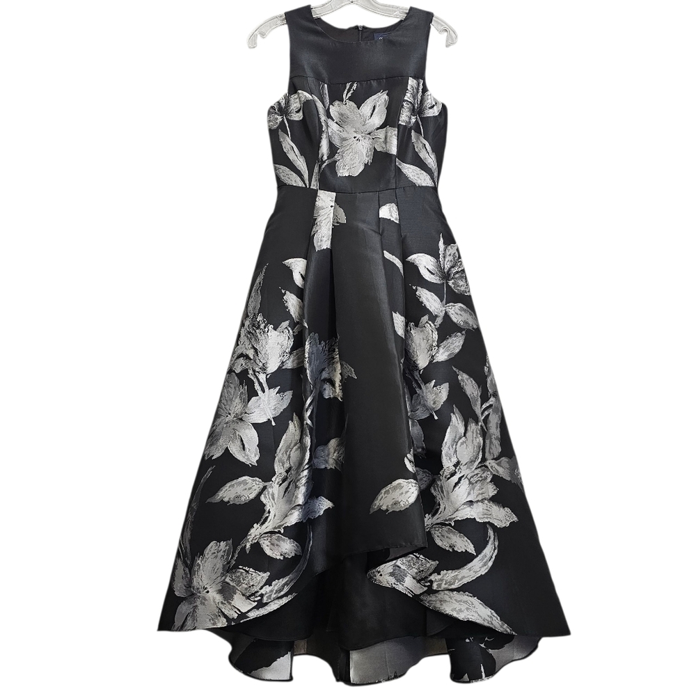 Nwt Shoshanna Midnight Black w/Silver Metalic Floral Highlow Evening Maxidress